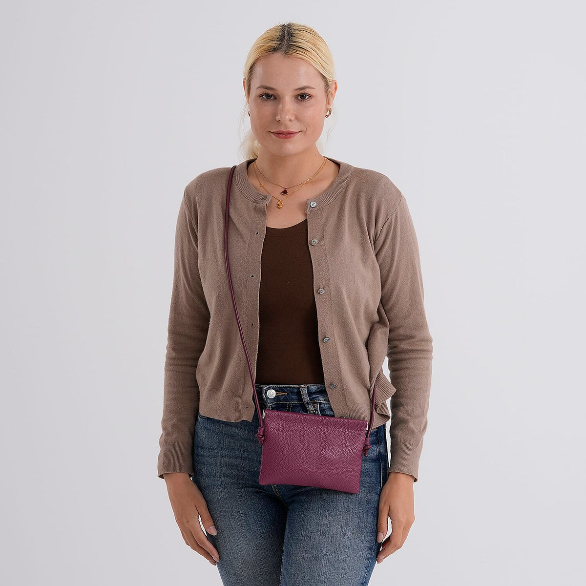 Genuine Leather Slim Crossbody Bag - Burgundy 8413804 3