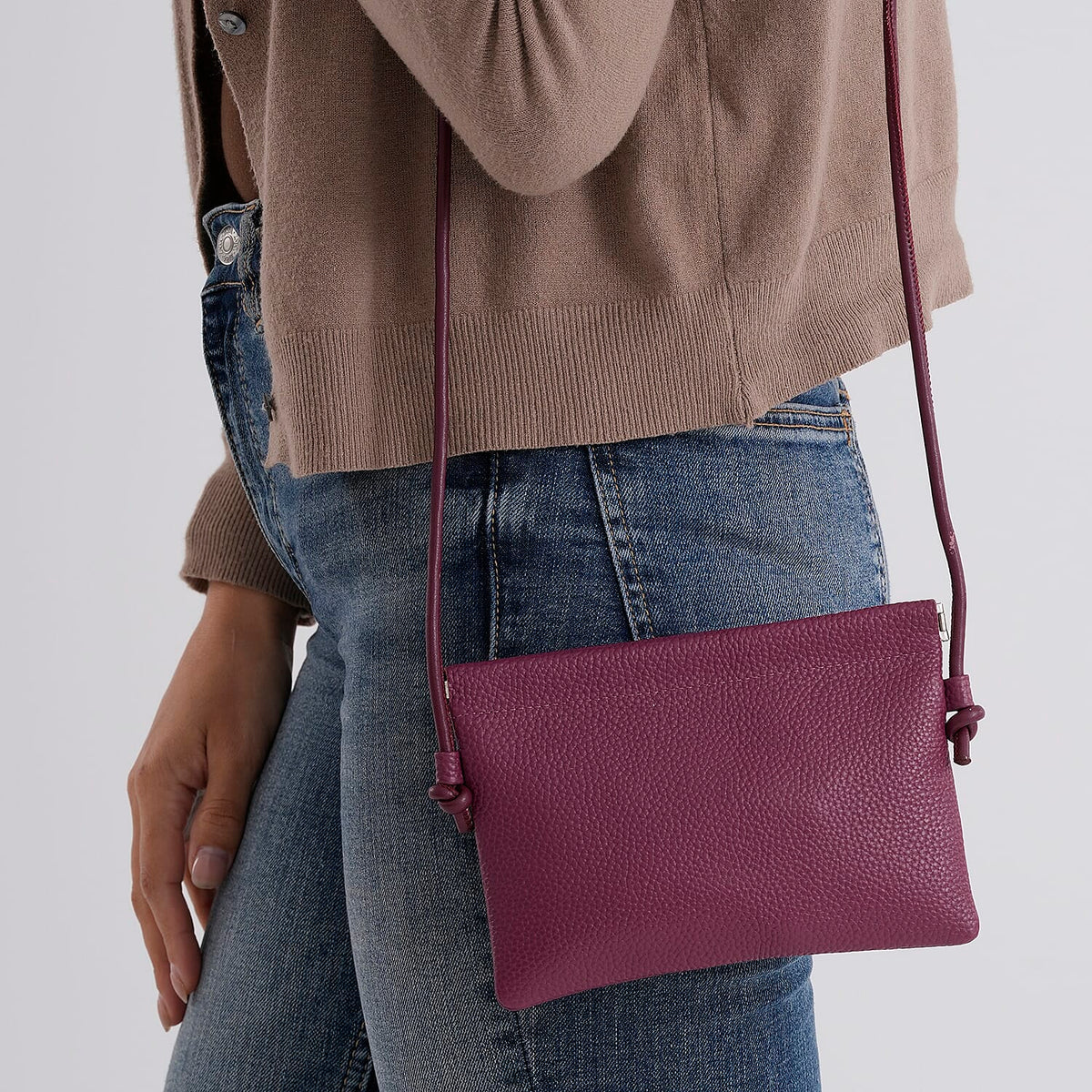 Genuine Leather Slim Crossbody Bag - Burgundy 8413804 4