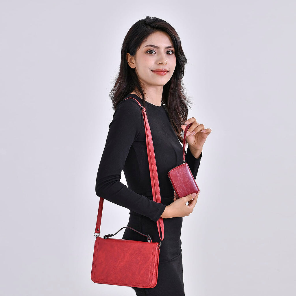 Set of 2- Sling Crossbody Bag with Card Holder - Red
