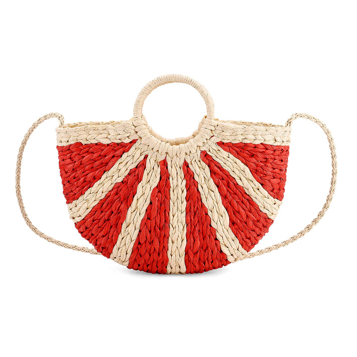 Retro Semi-circle Stripe Straw Beach Handbag - Red 8044570 1