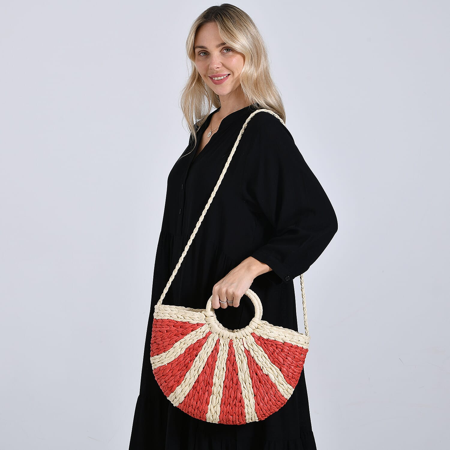 Retro Semi-circle Stripe Straw Beach Handbag - Red 8044570 2