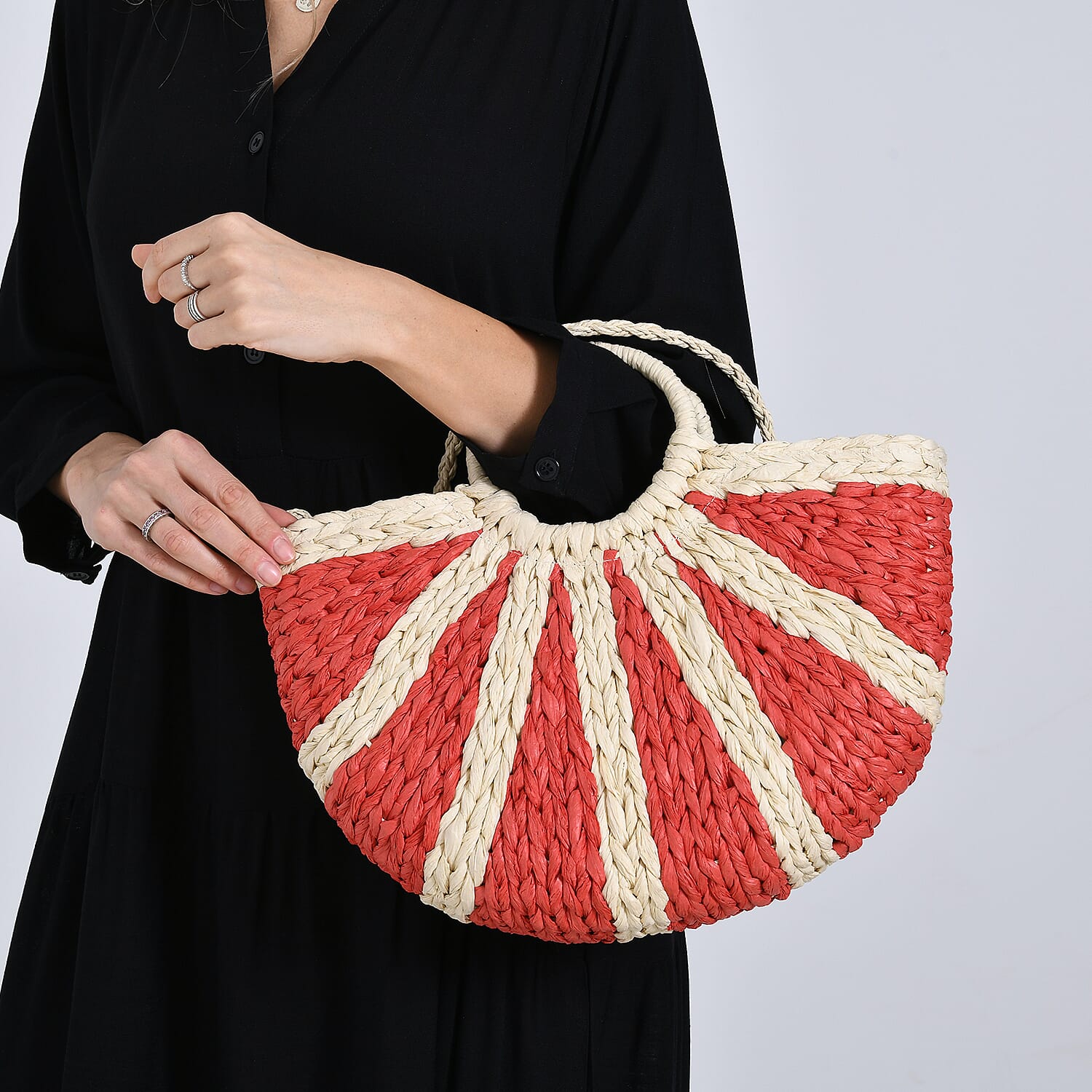 Retro Semi-circle Stripe Straw Beach Handbag - Red 8044570 3