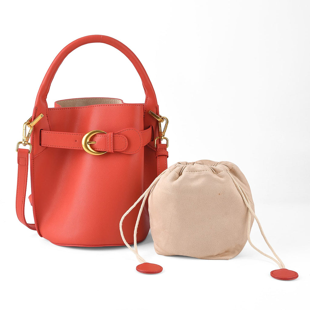 Designer Inspired Genuine Leather Bucket Bag with Internal Drawstring Pouch & Shoulder Strap - Brick Red
