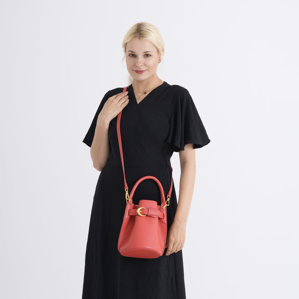 Designer Inspired Genuine Leather Bucket Bag with Internal Drawstring Pouch & Shoulder Strap - Brick Red