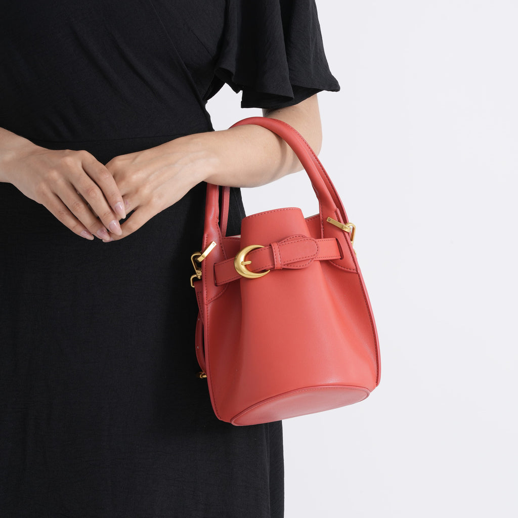 Designer Inspired Genuine Leather Bucket Bag with Internal Drawstring Pouch & Shoulder Strap - Brick Red