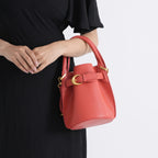 Designer Inspired Genuine Leather Bucket Bag with Internal Drawstring Pouch & Shoulder Strap - Brick Red
