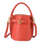 Designer Inspired Genuine Leather Bucket Bag with Internal Drawstring Pouch & Shoulder Strap - Brick Red