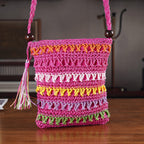 Multi-Colour Striped Crochet Messenger Crossbody Bag - Pink