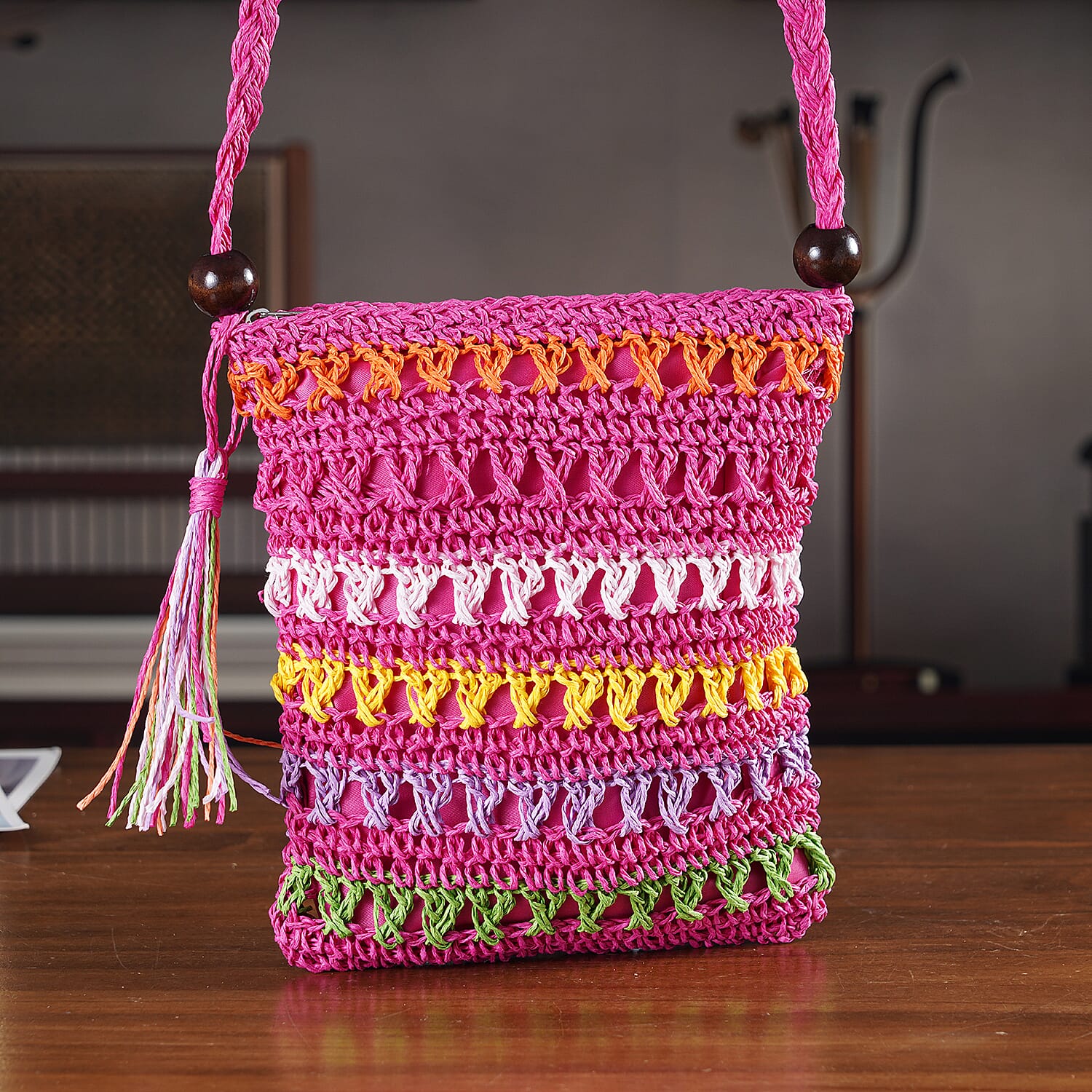 Multi-Colour Striped Crochet Messenger Crossbody Bag - Pink 8501205 2