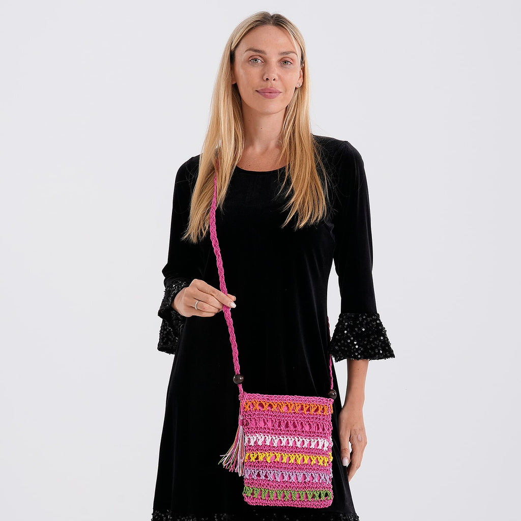Multi-Colour Striped Crochet Messenger Crossbody Bag - Pink