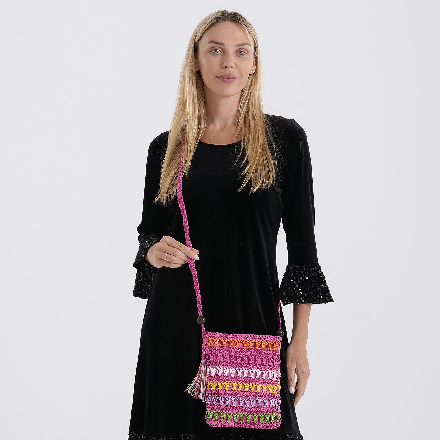Multi-Colour Striped Crochet Messenger Crossbody Bag - Pink 8501205 3