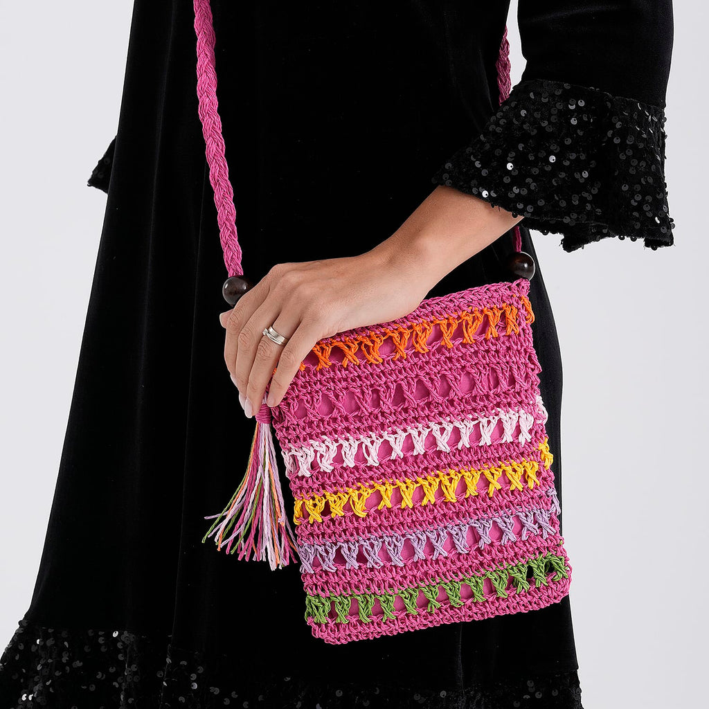 Multi-Colour Striped Crochet Messenger Crossbody Bag - Pink