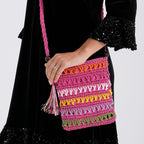 Multi-Colour Striped Crochet Messenger Crossbody Bag - Pink