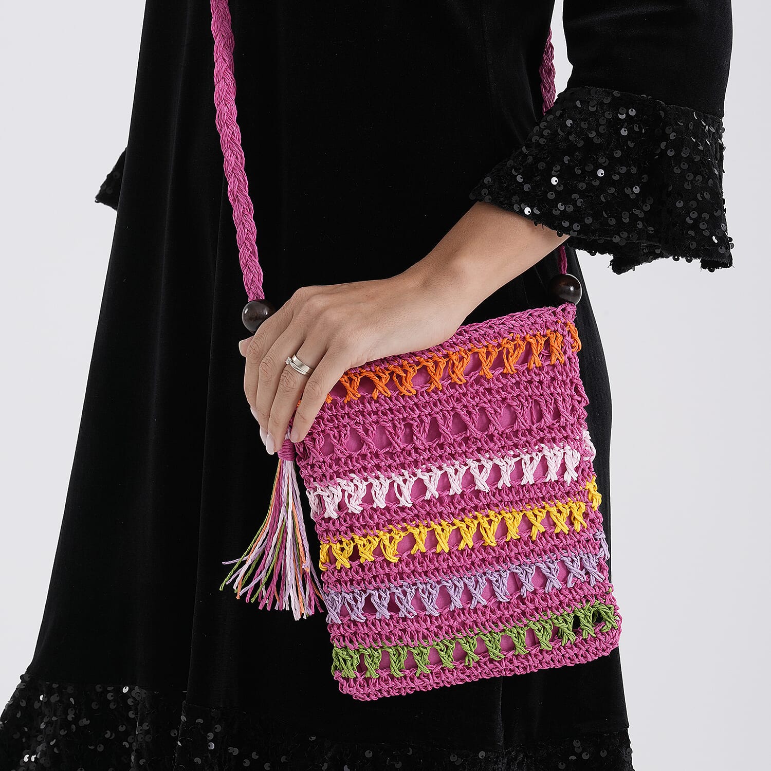 Multi-Colour Striped Crochet Messenger Crossbody Bag - Pink 8501205 4