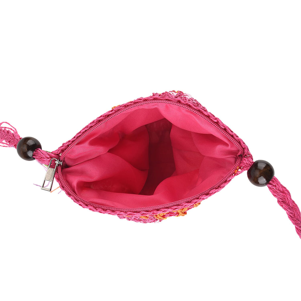 Multi-Colour Striped Crochet Messenger Crossbody Bag - Pink