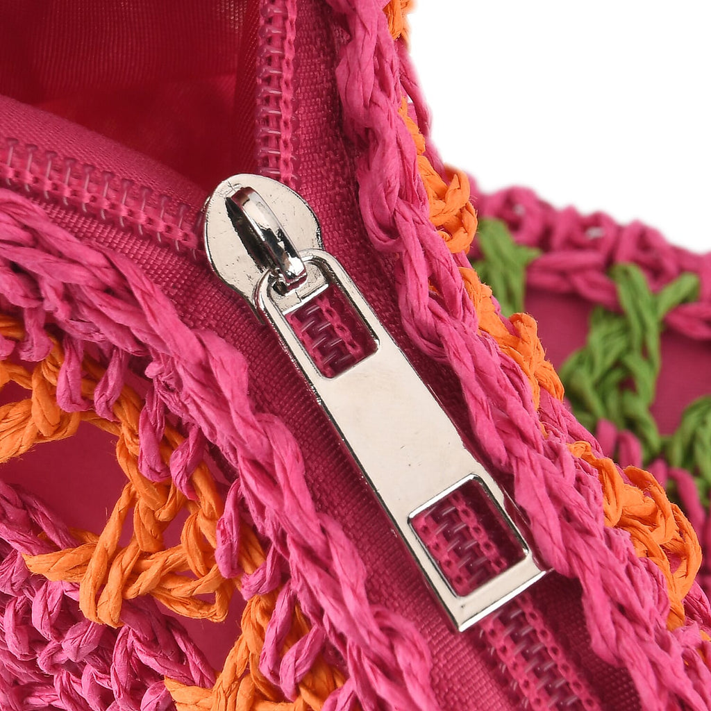 Multi-Colour Striped Crochet Messenger Crossbody Bag - Pink