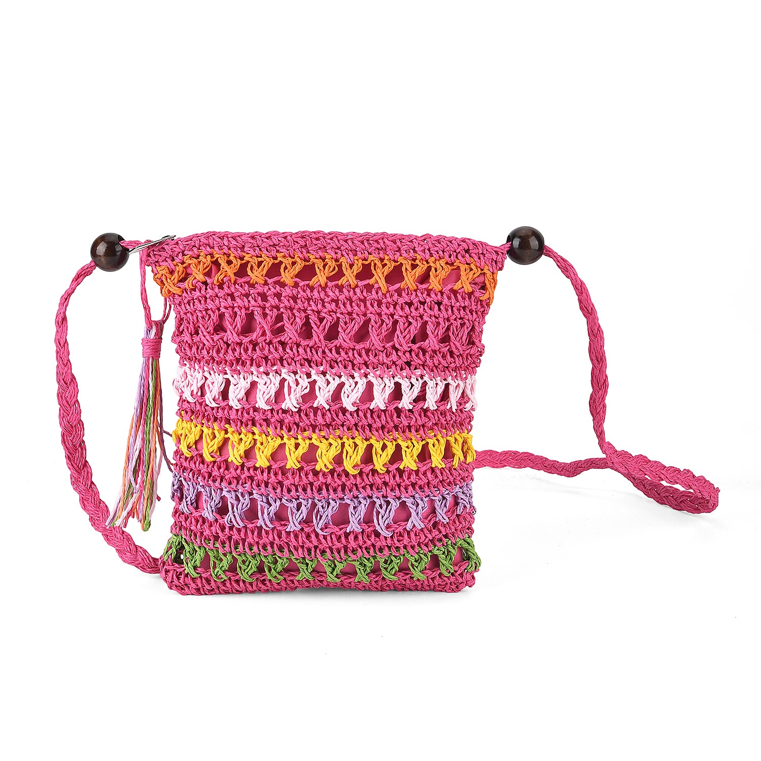 Multi-Colour Striped Crochet Messenger Crossbody Bag - Pink V32361881 0
