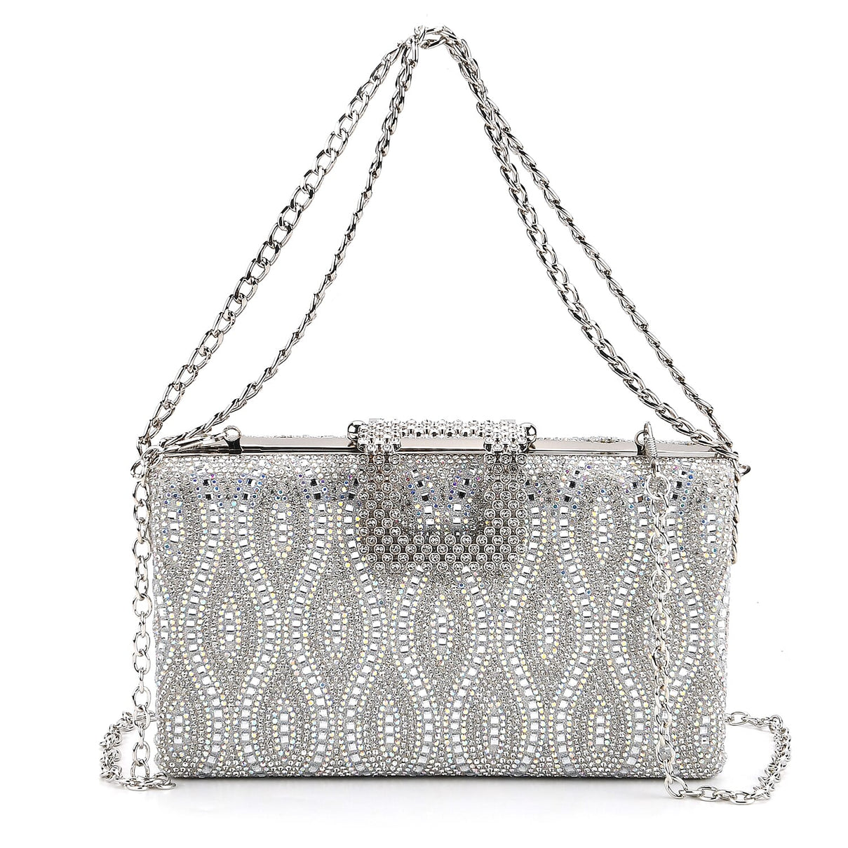 CLOSEOUT DEAL - Crystal Embellished Evening Clutch Bag with Metallic Chain Strap - Silver V32537252 0