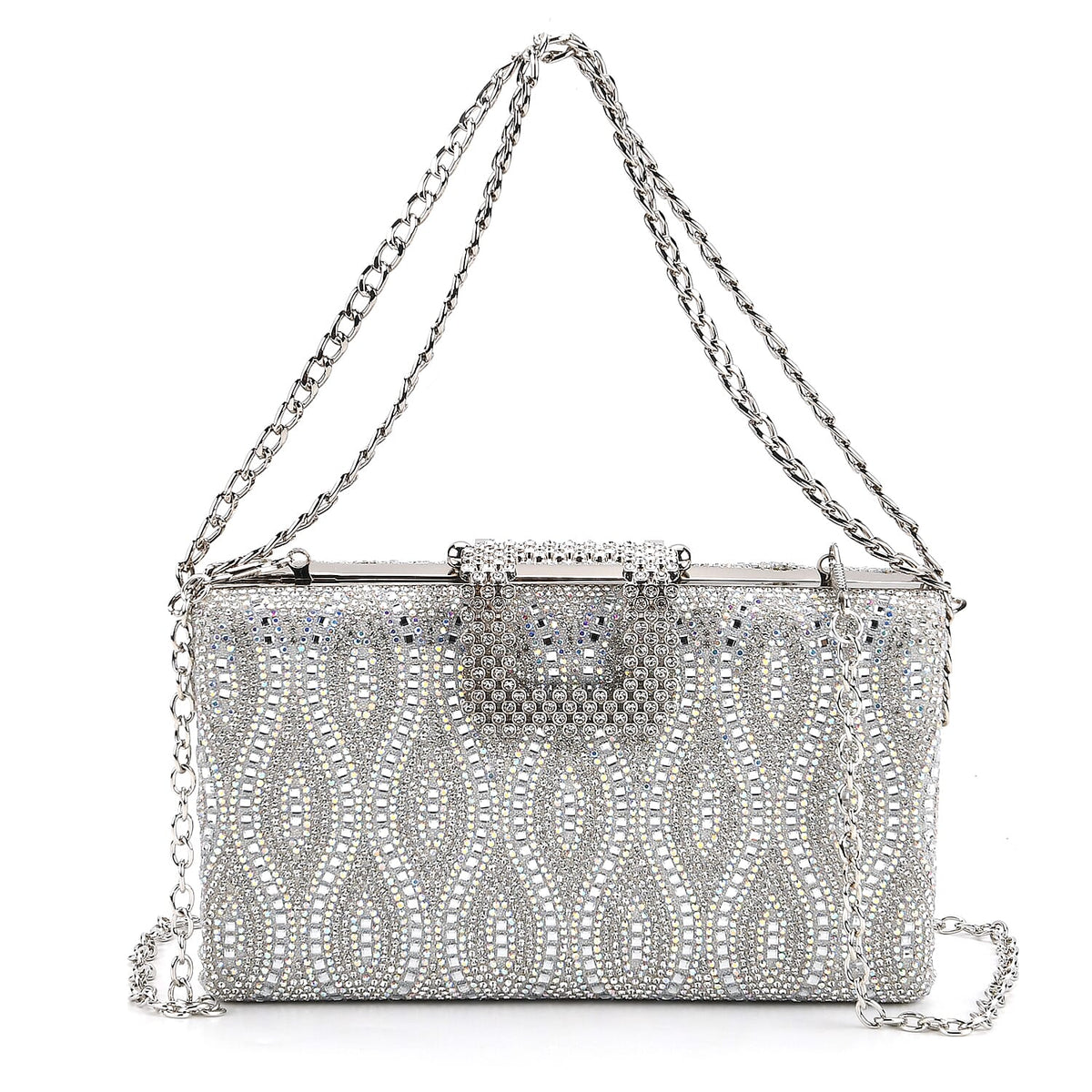 CLOSEOUT DEAL - Crystal Embellished Evening Clutch Bag with Metallic Chain Strap - Silver V32537252 0