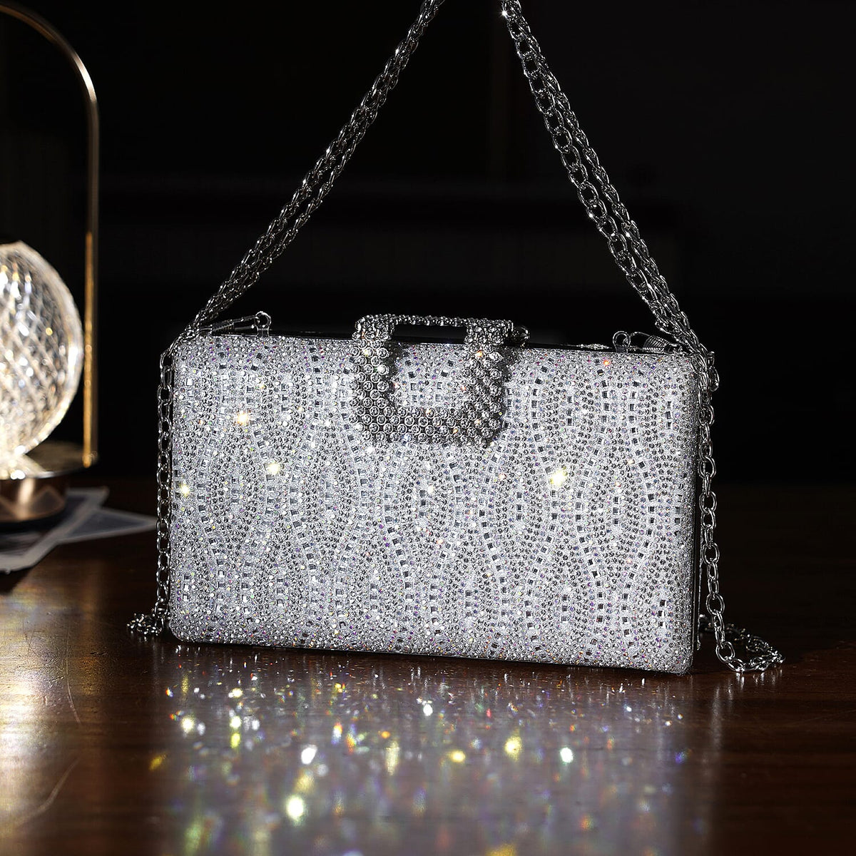 CLOSEOUT DEAL - Crystal Embellished Evening Clutch Bag with Metallic Chain Strap - Silver V32537252 2