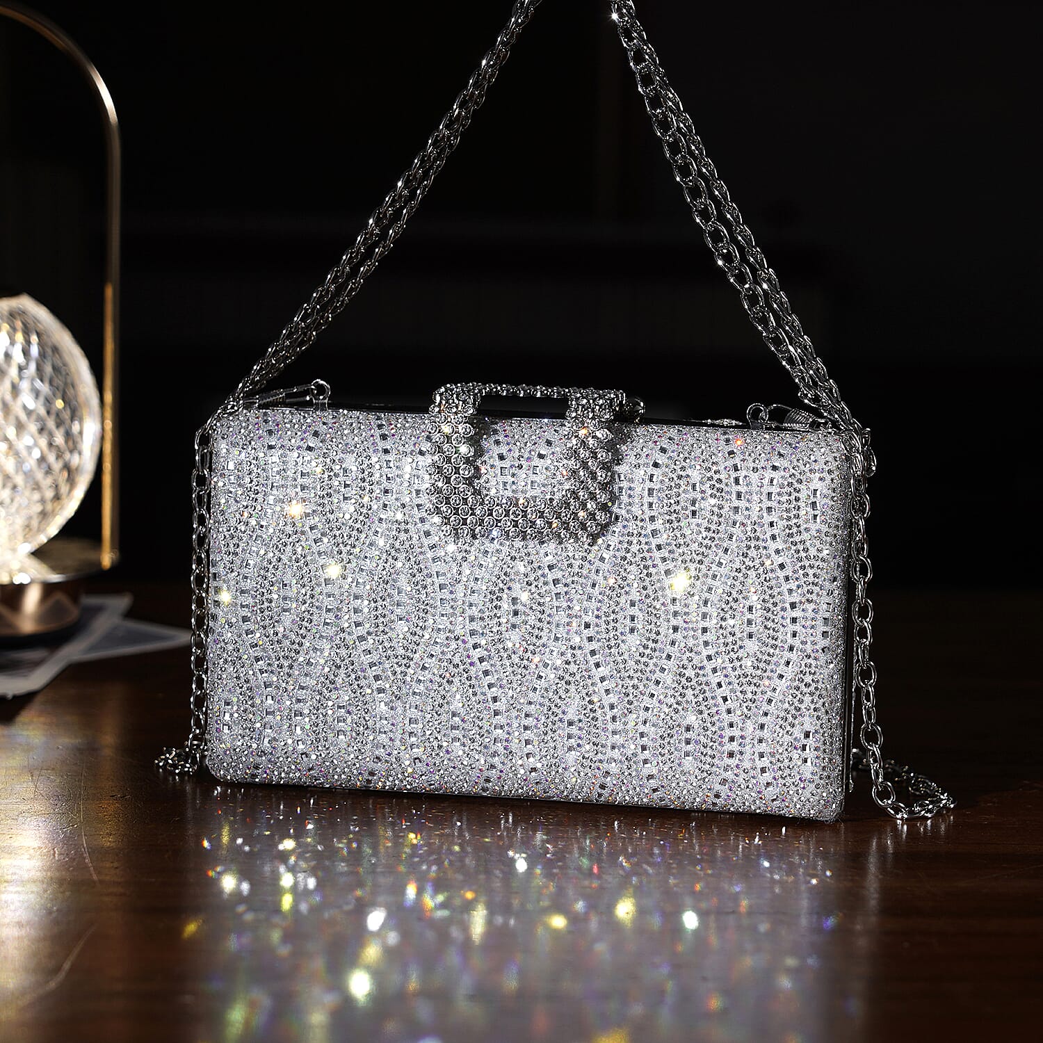 CLOSEOUT DEAL - Crystal Embellished Evening Clutch Bag with Metallic Chain Strap - Silver V32537252 2