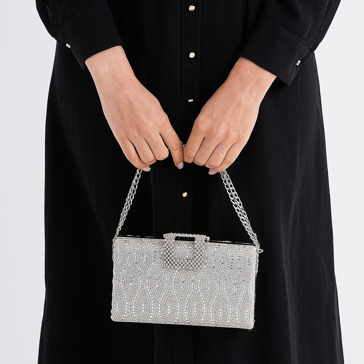 CLOSEOUT DEAL - Crystal Embellished Evening Clutch Bag with Metallic Chain Strap - Silver V32537252 4