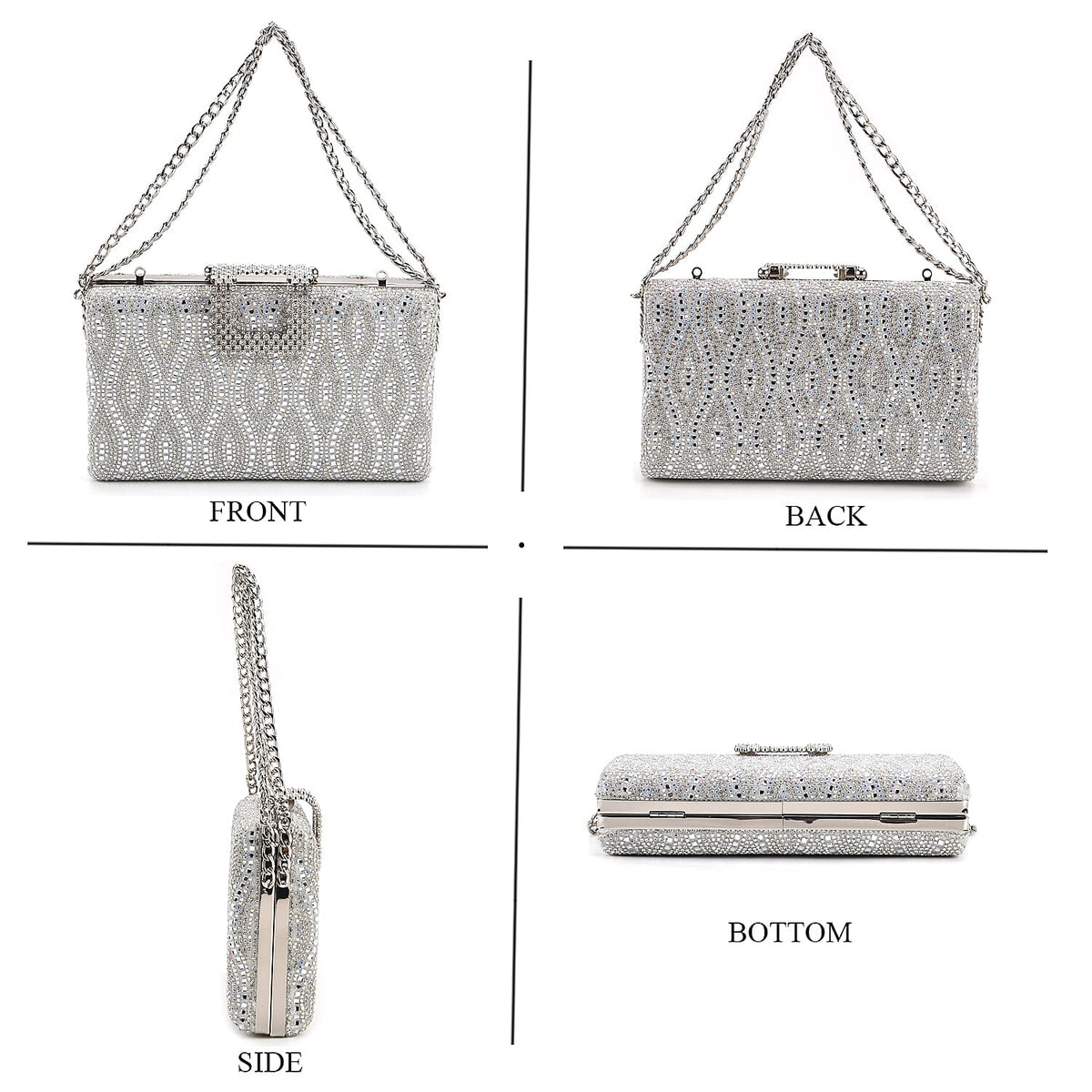 CLOSEOUT DEAL - Crystal Embellished Evening Clutch Bag with Metallic Chain Strap - Silver V32537252 5