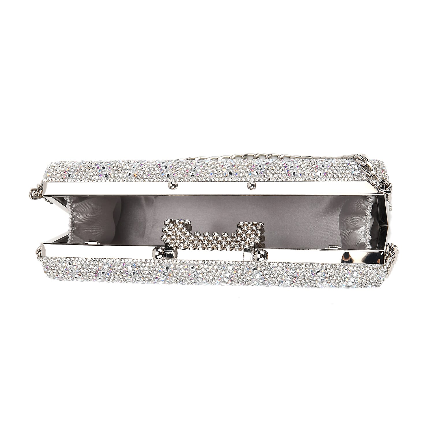 CLOSEOUT DEAL - Crystal Embellished Evening Clutch Bag with Metallic Chain Strap - Silver V32537252 6
