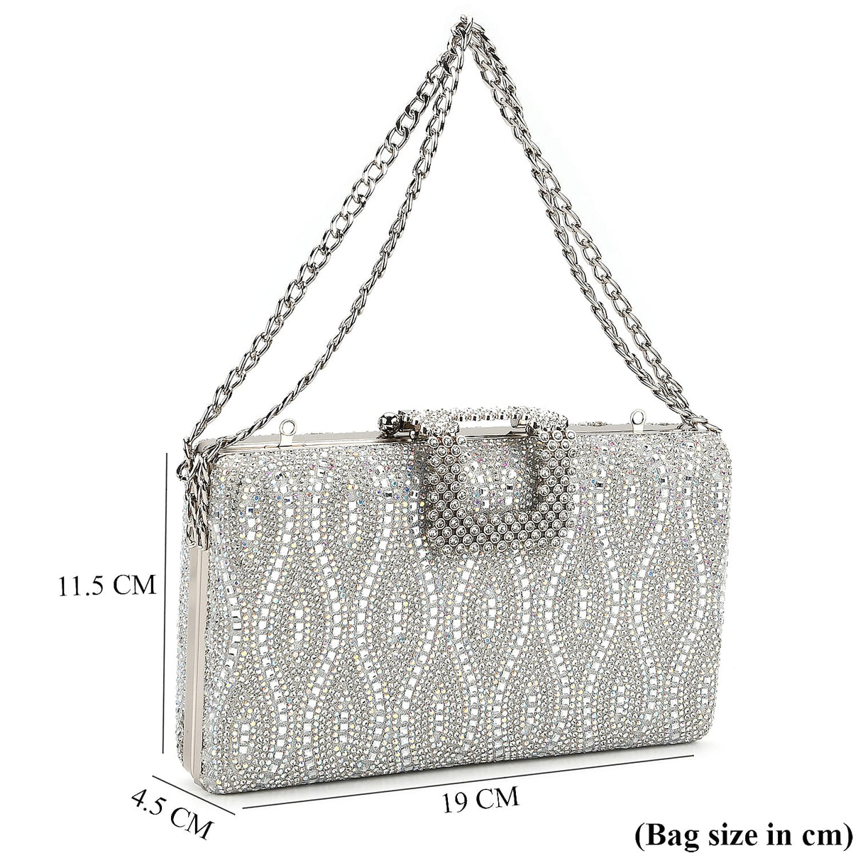 CLOSEOUT DEAL - Crystal Embellished Evening Clutch Bag with Metallic Chain Strap - Silver V32537252 7