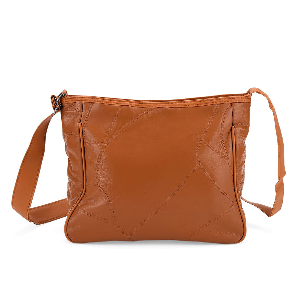 Patchwork Genuine Leather Crossbody Bag with Adjustable Shoulder Strap (125cm) - Tan