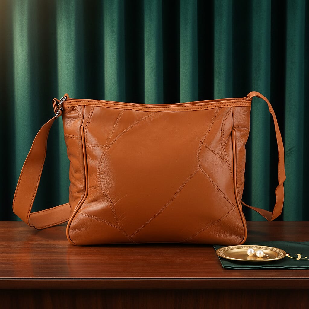 Patchwork Genuine Leather Crossbody Bag with Adjustable Shoulder Strap (125cm) - Tan V32582172 2