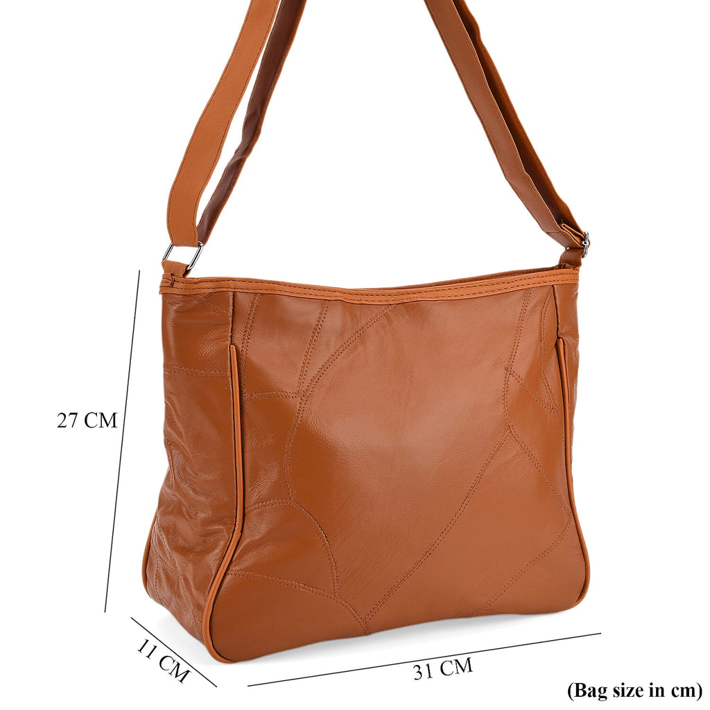 Patchwork Genuine Leather Crossbody Bag with Adjustable Shoulder Strap (125cm) - Tan