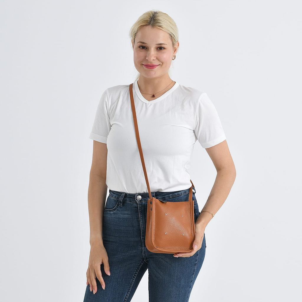 Genuine Leather Crossbody Bag - Tan