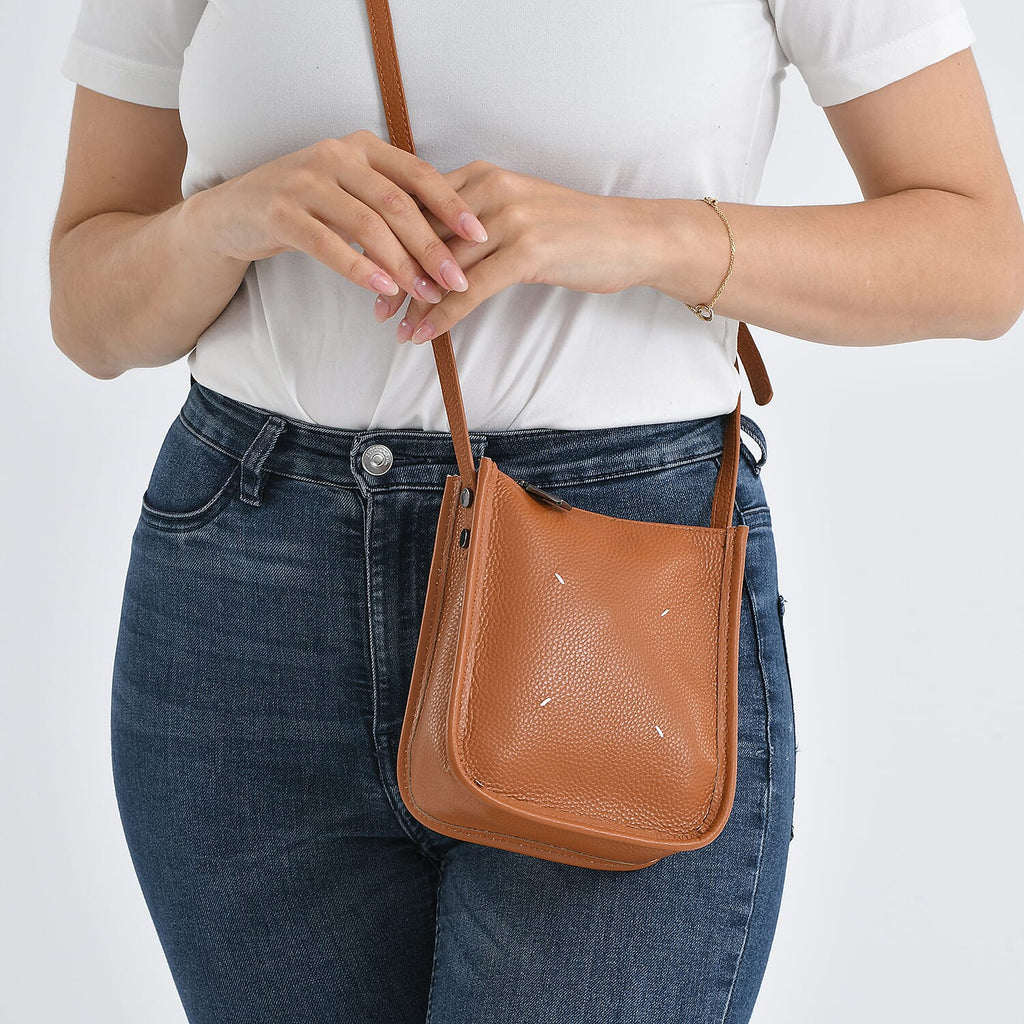Genuine Leather Crossbody Bag - Tan