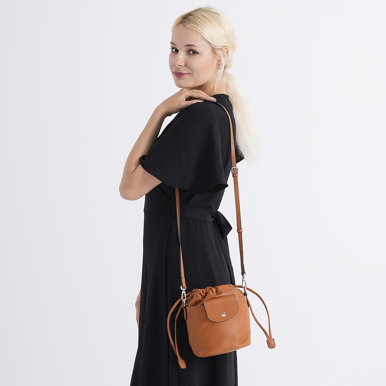 Valissiere Designer Inspired Genuine Leather Drawstring Bucket Bag With Crossbody Strap - Tan 8481797 2