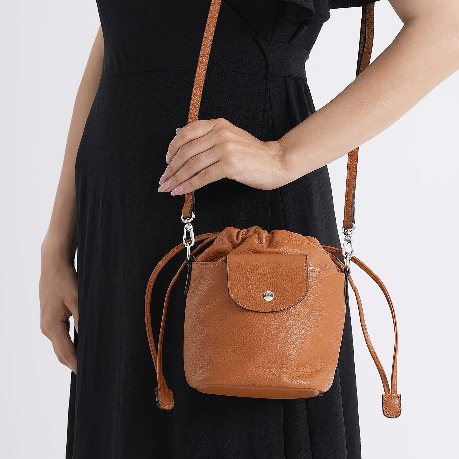 Valissiere Designer Inspired Genuine Leather Drawstring Bucket Bag With Crossbody Strap - Tan 8481797 3