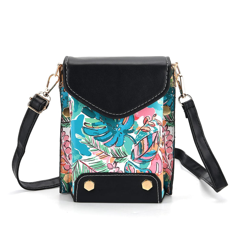 Embroidered Crossbody Bag with Long Adjustable Strap - Teal & Pink