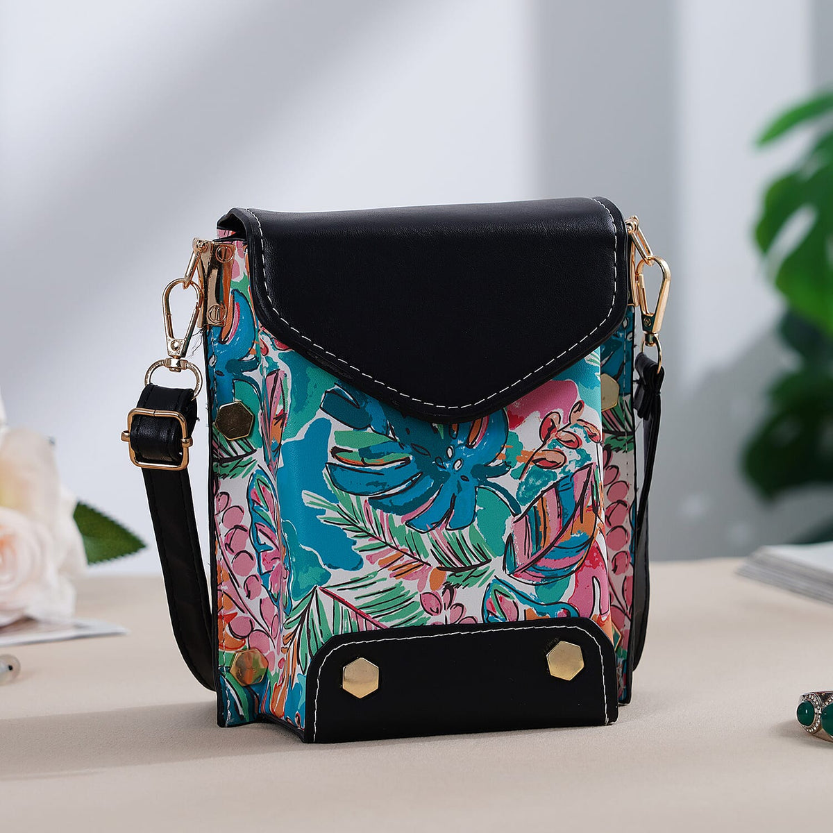 Embroidered Crossbody Bag with Long Adjustable Strap - Teal &amp; Pink V32700273 2