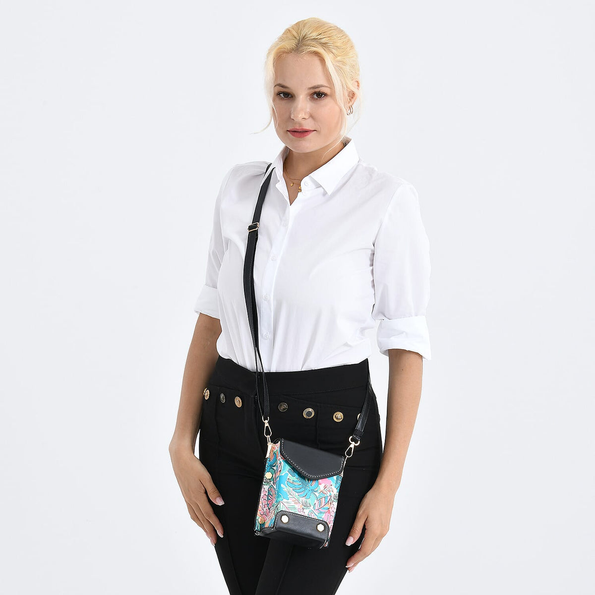 Embroidered Crossbody Bag with Long Adjustable Strap - Teal &amp; Pink V32700273 3