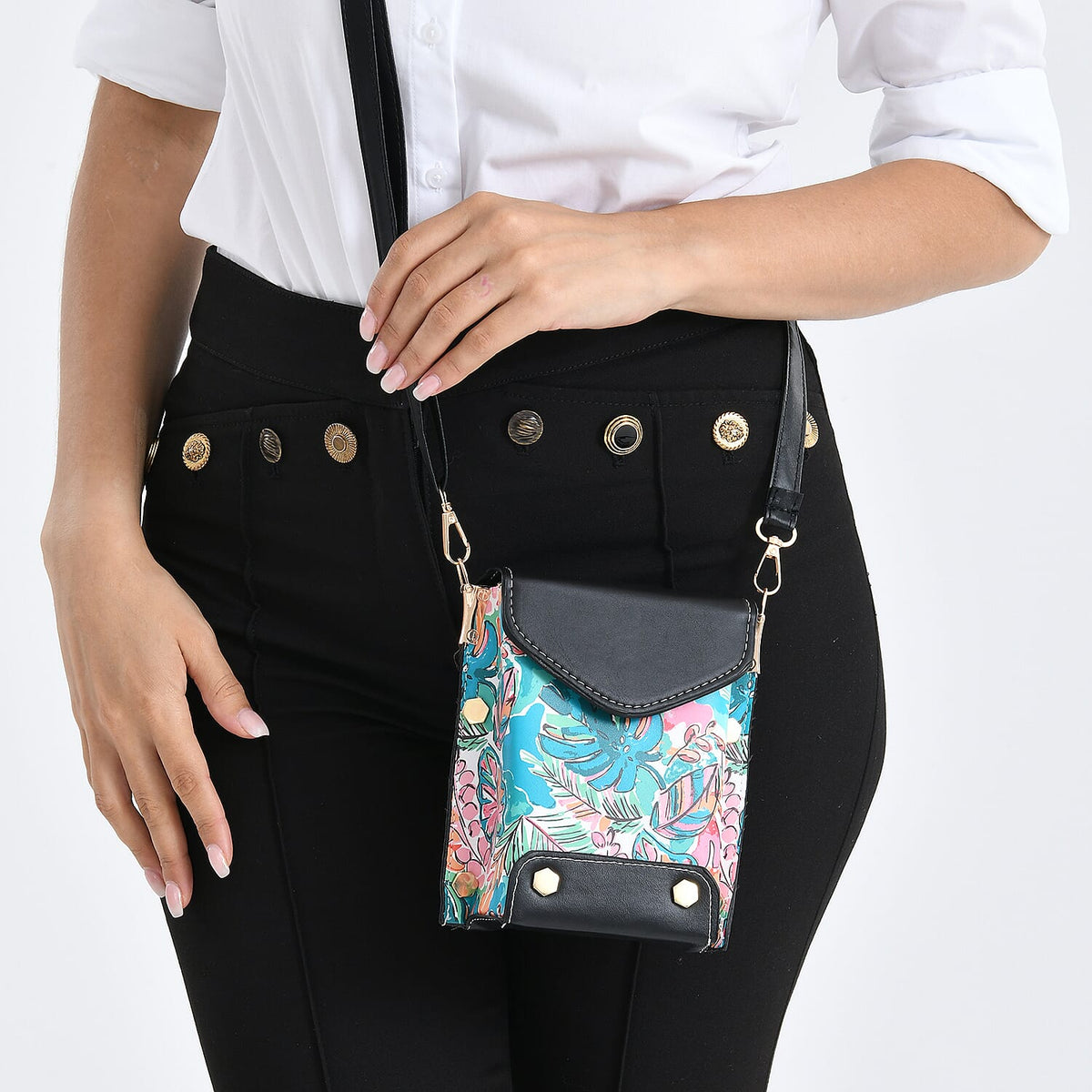 Embroidered Crossbody Bag with Long Adjustable Strap - Teal &amp; Pink V32700273 4