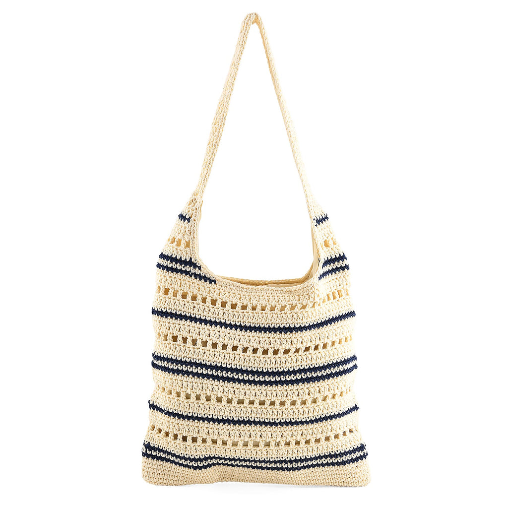Striped Crochet Design Slouchy Tote Bag - Cream & Blue