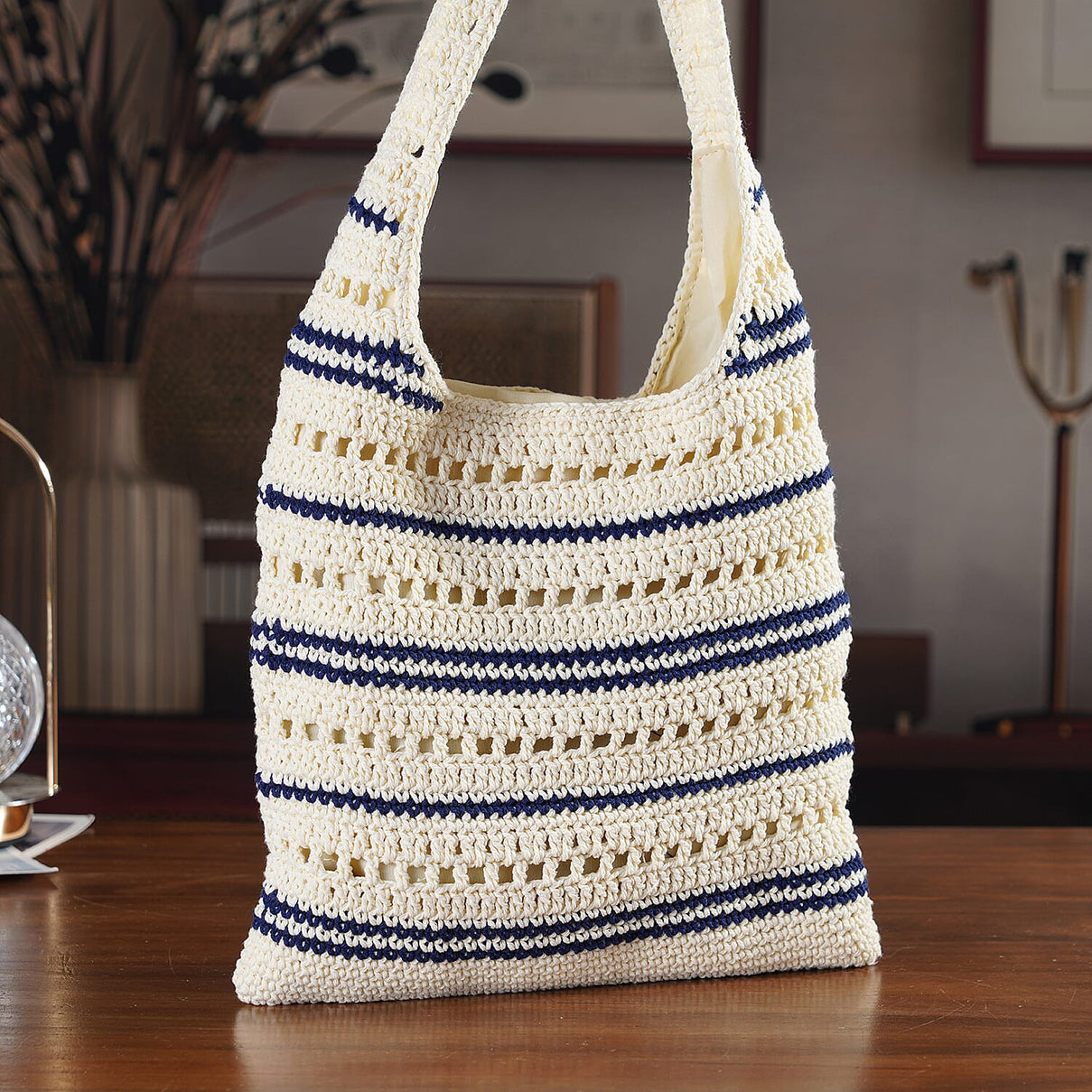 Striped Crochet Design Slouchy Tote Bag - Cream &amp; Blue V32516676 2