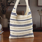 Striped Crochet Design Slouchy Tote Bag - Cream & Blue