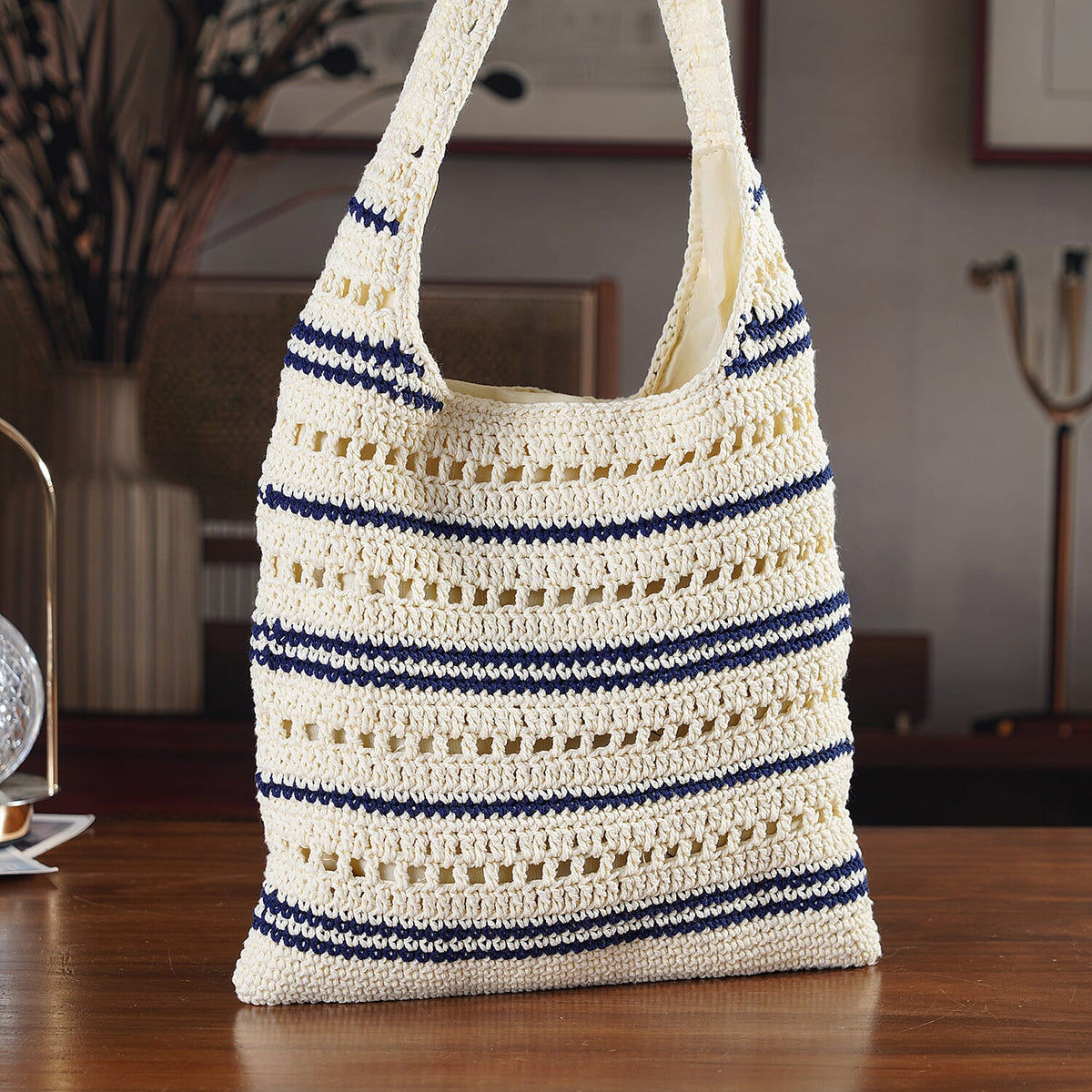 Striped Crochet Design Slouchy Tote Bag - Cream &amp; Blue V32516676 2