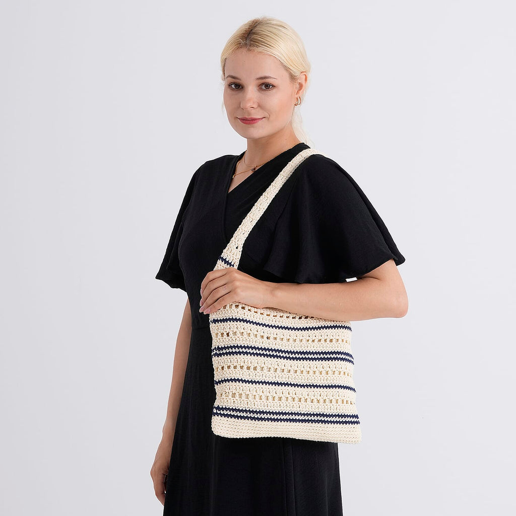 Striped Crochet Design Slouchy Tote Bag - Cream & Blue