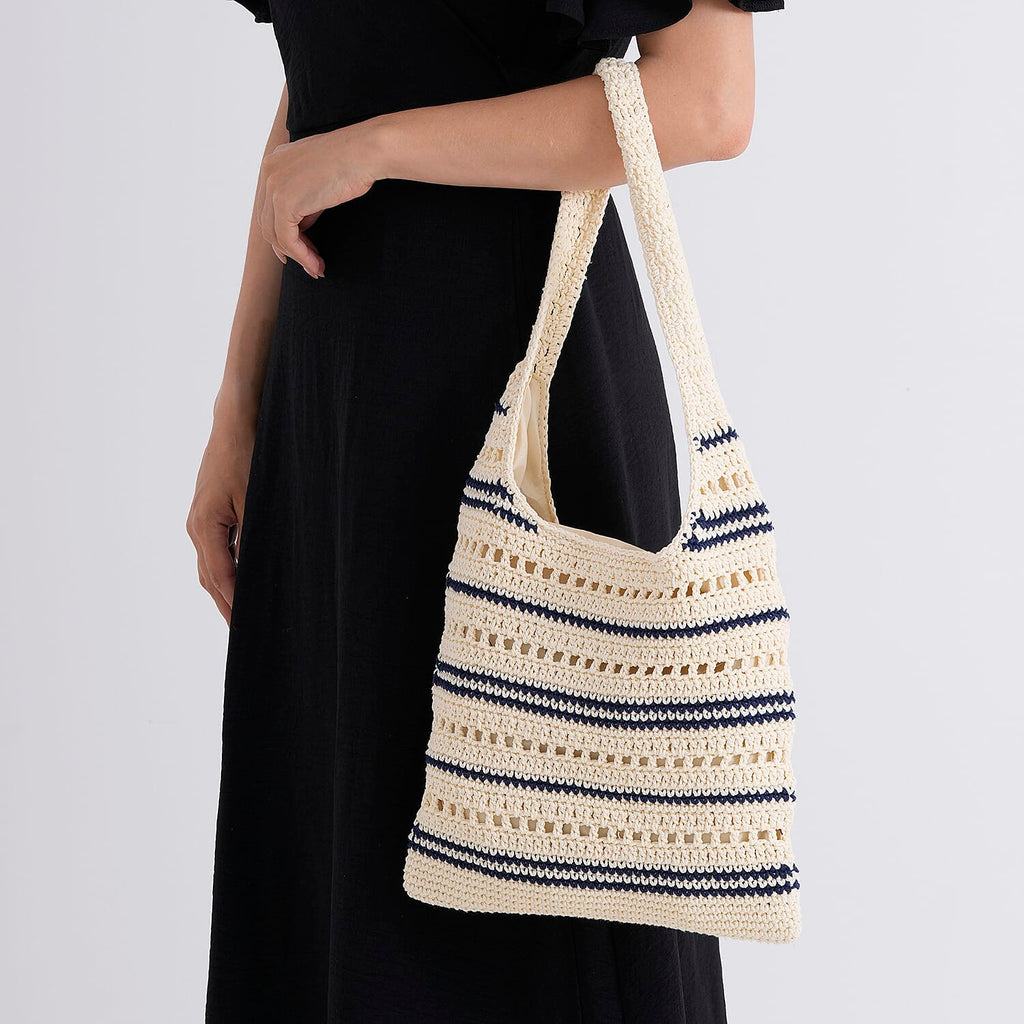 Striped Crochet Design Slouchy Tote Bag - Cream & Blue