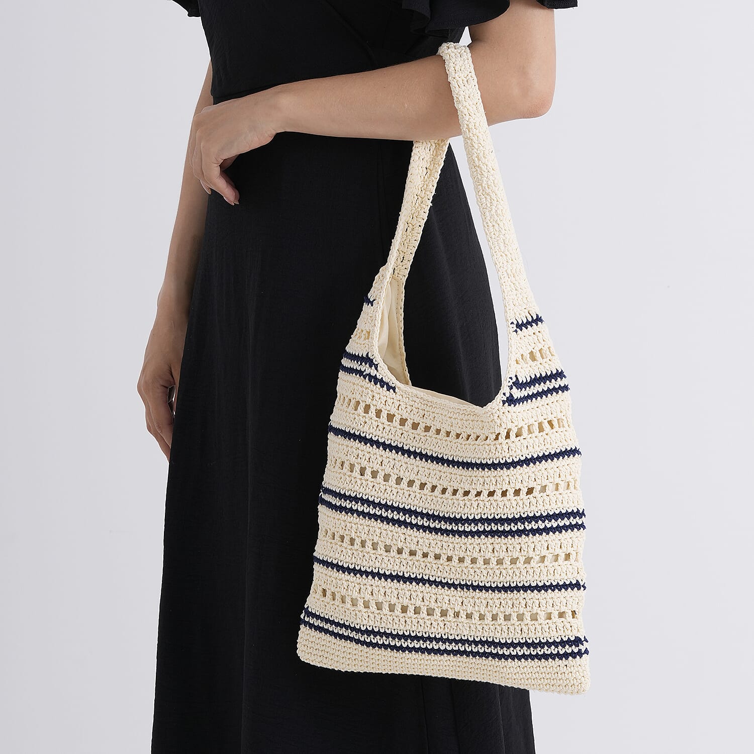 Striped Crochet Design Slouchy Tote Bag - Cream &amp; Blue V32516676 4