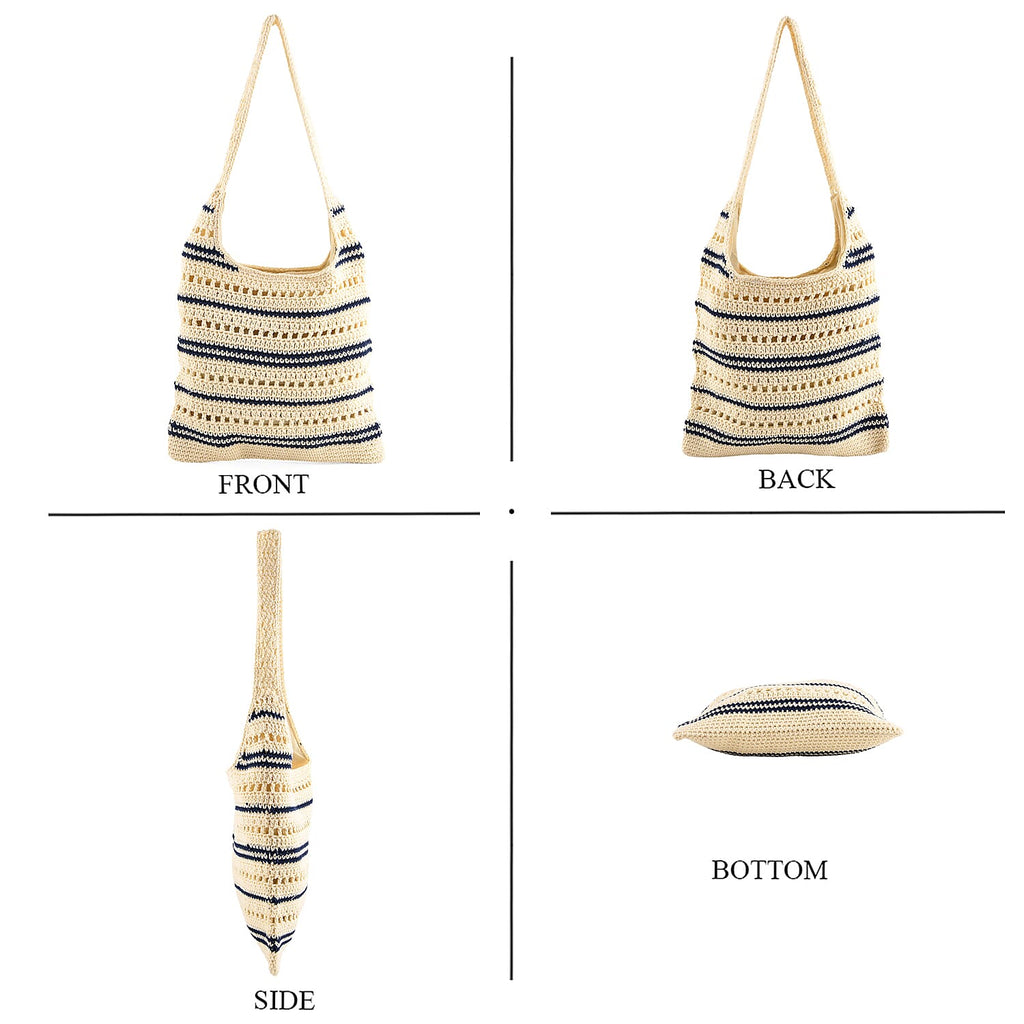 Striped Crochet Design Slouchy Tote Bag - Cream & Blue