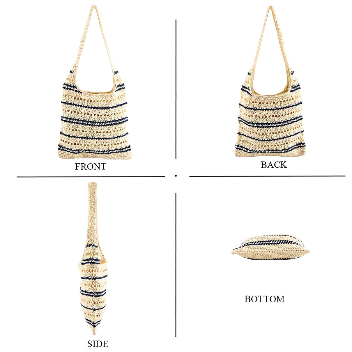 Striped Crochet Design Slouchy Tote Bag - Cream &amp; Blue V32516676 5