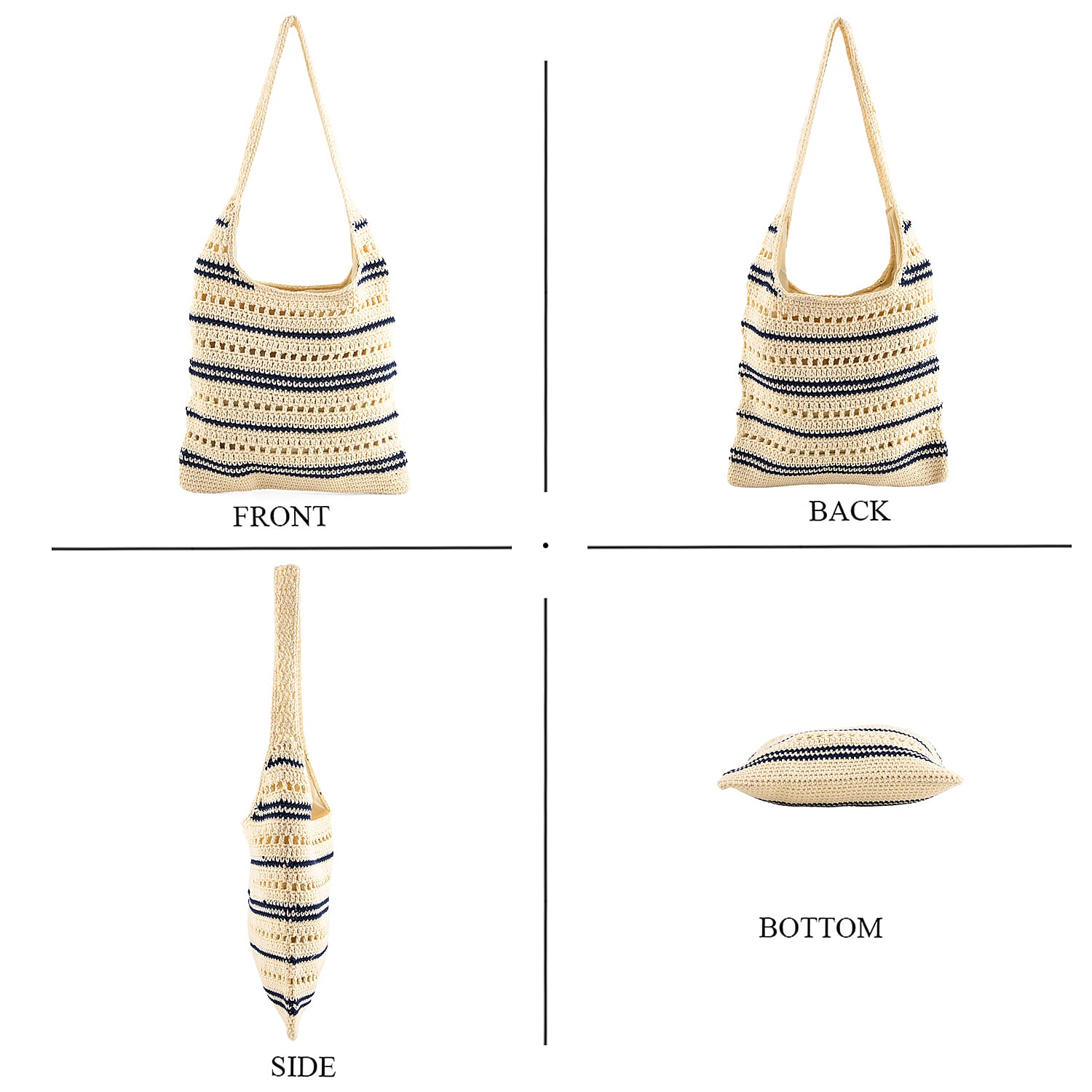 Striped Crochet Design Slouchy Tote Bag - Cream &amp; Blue V32516676 5